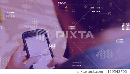 Image of data processing over caucasian man using smartphone Image of data processing over caucasian man using smartphone 129542703