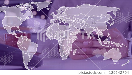 Image of data processing with world map over diverse people paying with smartphone 129542704