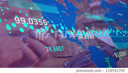 Image of data processing with world map over diverse people paying with smartphone Image of data processing with world map over diverse people paying with smartphone 129542705