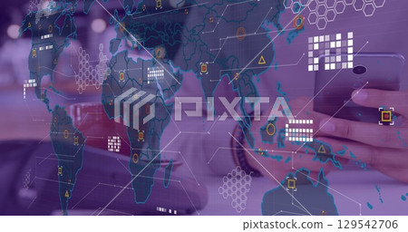 Image of data processing with world map over diverse people paying with smartphone Image of data processing with world map over diverse people paying with smartphone 129542706