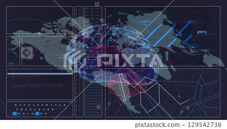 Image of data processing and digital brain over world map Image of data processing and digital brain over world map 129542736