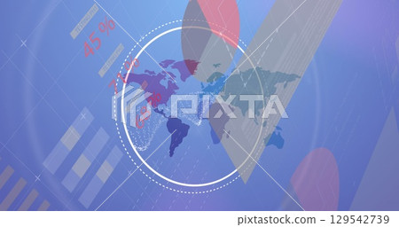 Image of dna strand over data processing and world map 129542739
