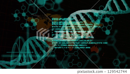 Image of data processing with dna strand over world map Image of data processing with dna strand over world map 129542744