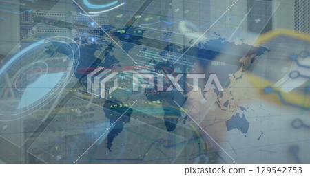 Image of data processing and world map over caucasian man in server room 129542753