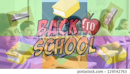 Image of back to school text and icons over diverse schoolchildren 129542763