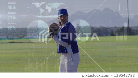 Image of data processing over caucasian female baseball player 129542788