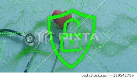 Image of data processing and padlock over heart and stethoscope Image of data processing and padlock over heart and stethoscope 129542799