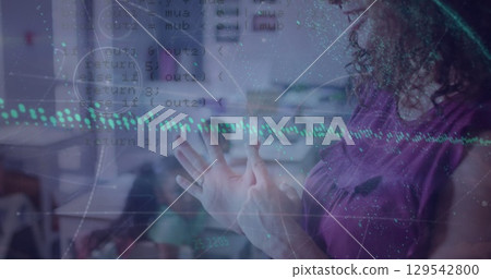 Image of data processing over caucasian teacher with diverse schoolchildren 129542800