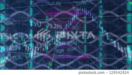 Image of shapes over data processing and neon tunnel on black background Image of shapes over data processing and neon tunnel on black background 129542824