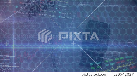 Image of shapes over data processing and network of connections on white background 129542827