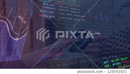 Image of data processing over hand paying with smartphone 129542831