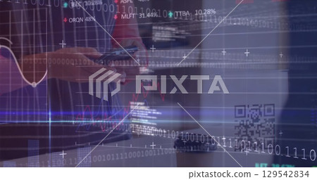 Image of data processing over hand giving coffee 129542834