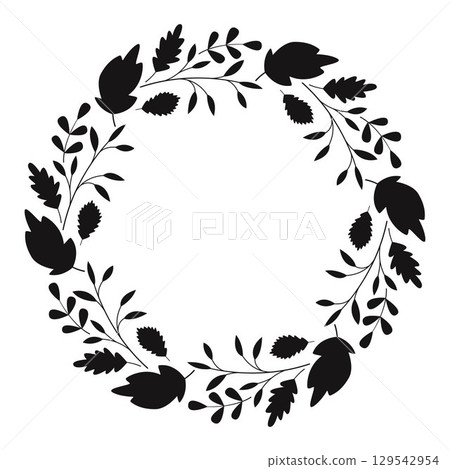 Silhouette of leaves creates round botanical wreath 129542954