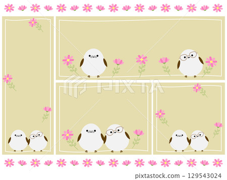 Cute long-tailed tit and four-color background set for Respect for the Aged Day 129543024