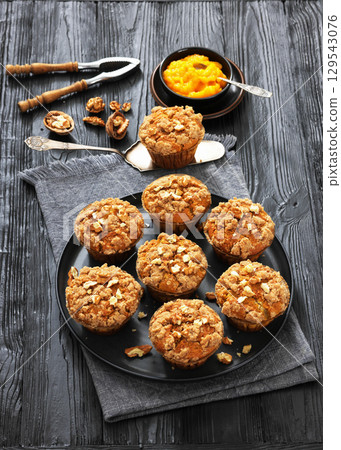 sweet potato muffins with streusel nut topping 129543076