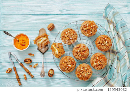 sweet potato muffins with streusel nut topping 129543082
