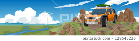 Landscape view with off road car. Cars parked on a high cliff. Large rocks and gravel road hills. Ground below is a vast grassland with a river flowing through it. Mountain under blue sky and clouds. Landscape view with off road car. Cars parked on a high cliff. Large rocks and gravel road hills. Ground below is a vast grassland with a river flowing through it. Mountain under blue sky and clouds. 129543226