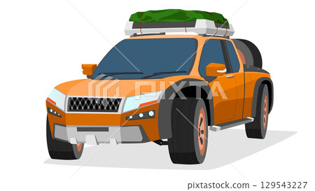 Perspective of car camping by pickup car orange color. with luggage on rack top roof of car. Spare tire on the bed of the truck. on isolated white background. 129543227