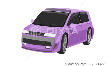 Object of traveler car purple color.  Mini car vector or illustration. Isolated white background. 129543228