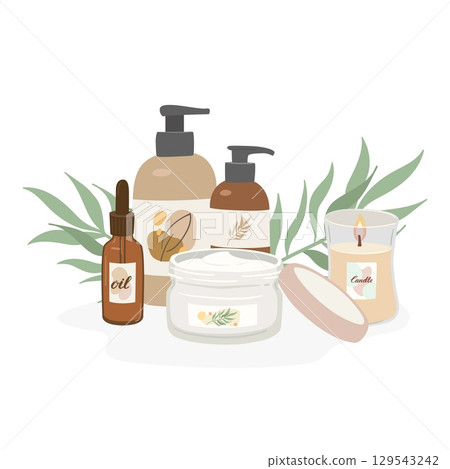 Natural beauty products decorated with tropical leaves. Skincare, bodycare and spa flat vector illustration. Cream in jar, essential oil, lotion 129543242