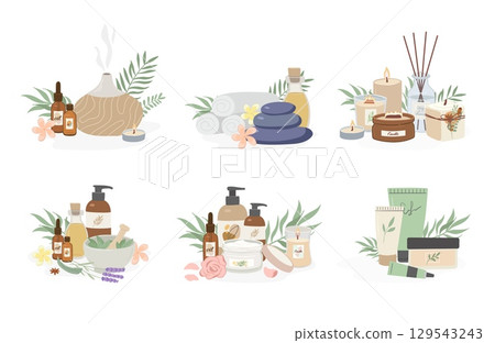Set of beauty and skin care natural products, scented candles, essential oil, aroma lamp, accessories, massage. Bodycare and spa vector illustration. 129543243
