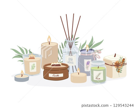 Set of burning cozy scented candles in jar flat cartoon vector illustrations. Aromatherapy and relax. 129543244