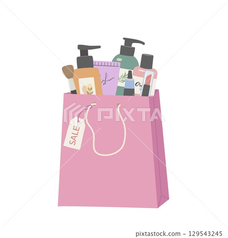 Cosmetic sale shopping bag flat vector illustration. Beauty and skin care products in package on white background. Promotion banner, poster, discounts 129543245