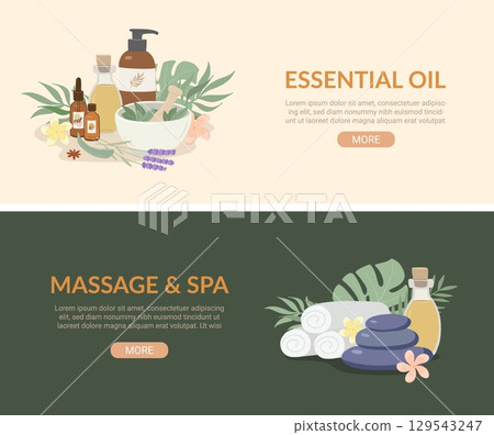 Beauty and spa banner ads with essential oil, serum and massage stones flat vector illustration. Promotion banner, flyer, web template Beauty and spa banner ads with essential oil, serum and massage stones flat vector illustration. Promotion banner, flyer, web template 129543247