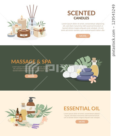 Set of Beauty and spa banner ads. Essential oil, massage, aromatheraphy, scented candles flat vector illustration. Landing page, promotion banner Set of Beauty and spa banner ads. Essential oil, massage, aromatheraphy, scented candles flat vector illustration. Landing page, promotion banner 129543249
