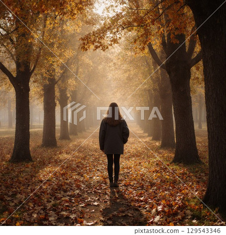 The back view of a woman standing on a carpet of dead leaves on a tree-lined road bathed in gentle sunlight. 129543346