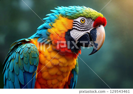 In a stunning close-up, this vibrant Blue and Yellow Macaw reveals the intricate detail of its brightly colored feathers and powerful beak against a lush, soft-focus jungle background. In a stunning close-up, this vibrant Blue and Yellow Macaw reveals the intricate detail of its brightly colored feathers and powerful beak against a lush, soft-focus jungle background. 129543461