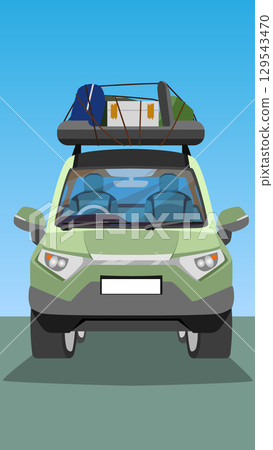 Vertical of Vector or Illustration of a green car. Can see interior of car. Family car for travel with rack on top roof and Luggage. Background two tone of green and blue. 129543470