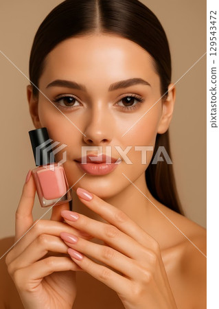 Woman holding pink nail polish closeup. Concept of beauty, manicure, cosmetics, nail care, and feminine style. 129543472