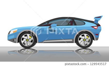 Concept vector illustration of detailed side of a flat soft blue sport car. with shadow of car on reflected from the ground below. can view interior of car with driving man. Isolated white background. 129543517