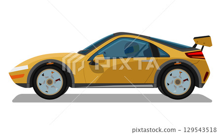 Concept vector illustration of detailed side of a flat yellow sports car with driving man inside car. with shadow of car on reflected from isolated white background. 129543518