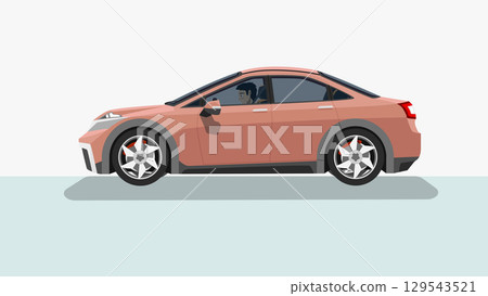 Concept vector illustration of detailed side of a flat soft red sedan car. with shadow of car. can view interior of car with driving man. Isolated two tone background. 129543521