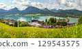 Sankt Wolfgang on Lake Wolfgangsee, panoramic view from a meadow of the landscape with the town, lake, and mountains, Austria 129543575