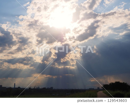 Cressus rays shining through the clouds in the evening Cressus rays shining through the clouds in the evening 129543603