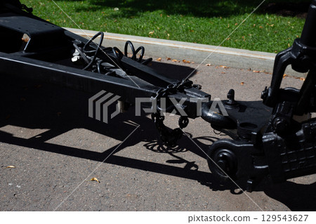 Contact part of the trailer coupling. Metal connector for attaching the trailer. Special triangular connection for rigid trailer traction. Reliable swivel mount for transporting cargo 129543627