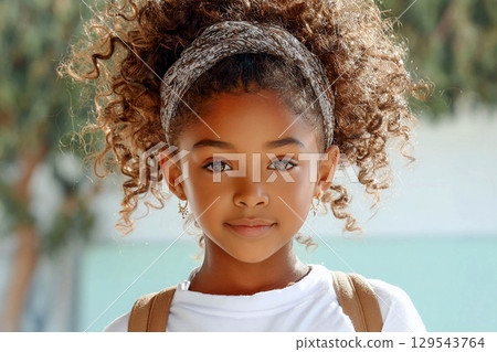 A large portrait of a smiling girl with curly hair pulled back in a high bun and decorated with a scarf. 129543764