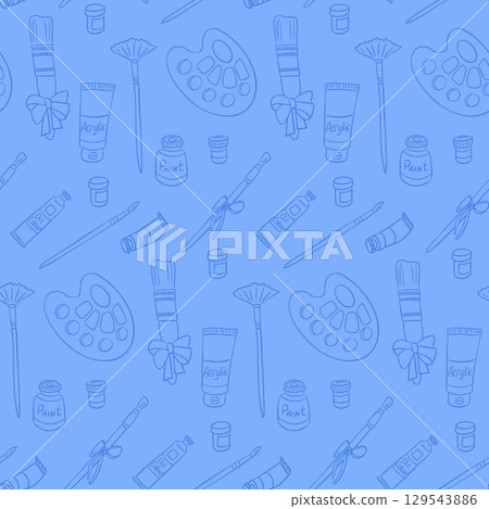 Seamless pattern with hand drawn art supplies including paint tubes, brushes, palettes, and jars on a blue background Seamless pattern with hand drawn art supplies including paint tubes, brushes, palettes, and jars on a blue background 129543886