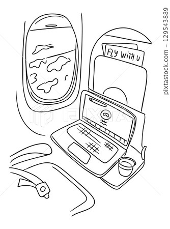 Airplane window view with laptop on tray table and cup of drink, hand drawn in simple lines Airplane window view with laptop on tray table and cup of drink, hand drawn in simple lines 129543889