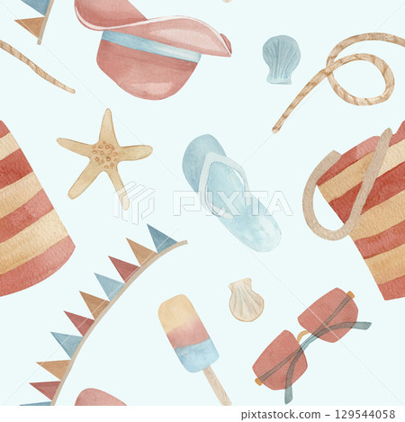 Seamless summer pattern with beach accessories, beach clothes and starfish. Watercolor hand drawn blue color background. Ideal for, vacation promotions, fabric printing, packaging 129544058