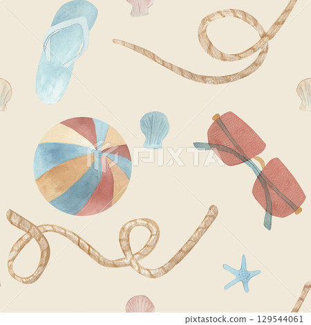 Seamless template Watercolor illustration with ball, flip flop, glasses, Seashells and starfish yellow color background . For fabrics, wallpaper, beachwear, scrapbooking and other ideas Seamless template Watercolor illustration with ball, flip flop, glasses, Seashells and starfish yellow color background . For fabrics, wallpaper, beachwear, scrapbooking and other ideas 129544061