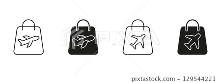 Shopping Bag With Airplane Icon Set. Travel Shopping, Duty-Free Purchases, And Tourism Retail Symbol Collection. Aviation And Commerce Integration. Isolated Vector Illustration 129544221
