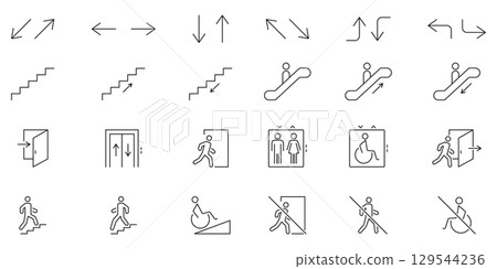 Directional And Accessibility Icons Set. Navigation, Movement and Accessibility Symbols Collection. Includes Arrows, Stairs, Escalators. Editable Stroke. Isolated Vector Illustration Directional And Accessibility Icons Set. Navigation, Movement and Accessibility Symbols Collection. Includes Arrows, Stairs, Escalators. Editable Stroke. Isolated Vector Illustration 129544236
