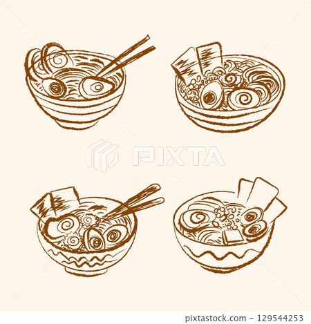 Set of stylish vector ramen illustrations in hand-drawn pencil sketch style. Asian Japanese food and cuisine elements for banners, posters, branding, t-shirt prints, advertising design Set of stylish vector ramen illustrations in hand-drawn pencil sketch style. Asian Japanese food and cuisine elements for banners, posters, branding, t-shirt prints, advertising design 129544253