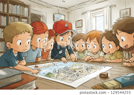 Children checking a disaster prevention map at an elementary school 129544255