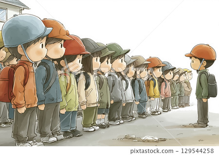 Illustration material of elementary school students wearing helmets and gathering in the schoolyard during evacuation drills 129544258