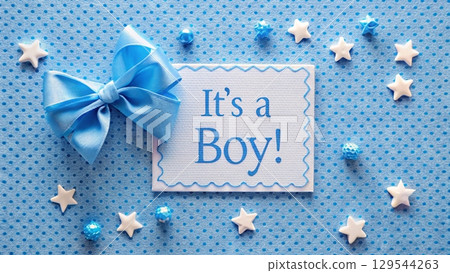 Baby boy shower card. Invitation template with cute toys, place for your text. Labels with letters and kids illustration. Baby boy shower card. Invitation template with cute toys, place for your text. Labels with letters and kids illustration. 129544263